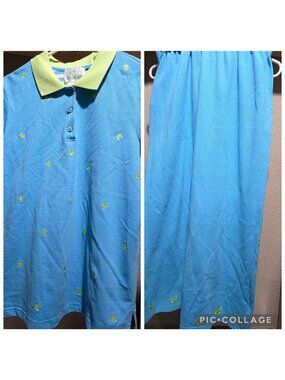 Vintage Quacker Factory turtle print polo maxi skirt 2pc set size M blue green